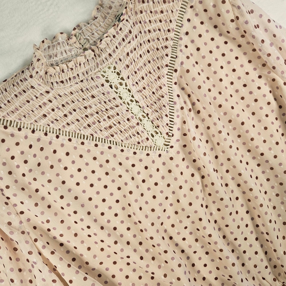 Entro‎ Pink Polka Dot Smocked High Neck Blouse Crochet Lace Trim Small